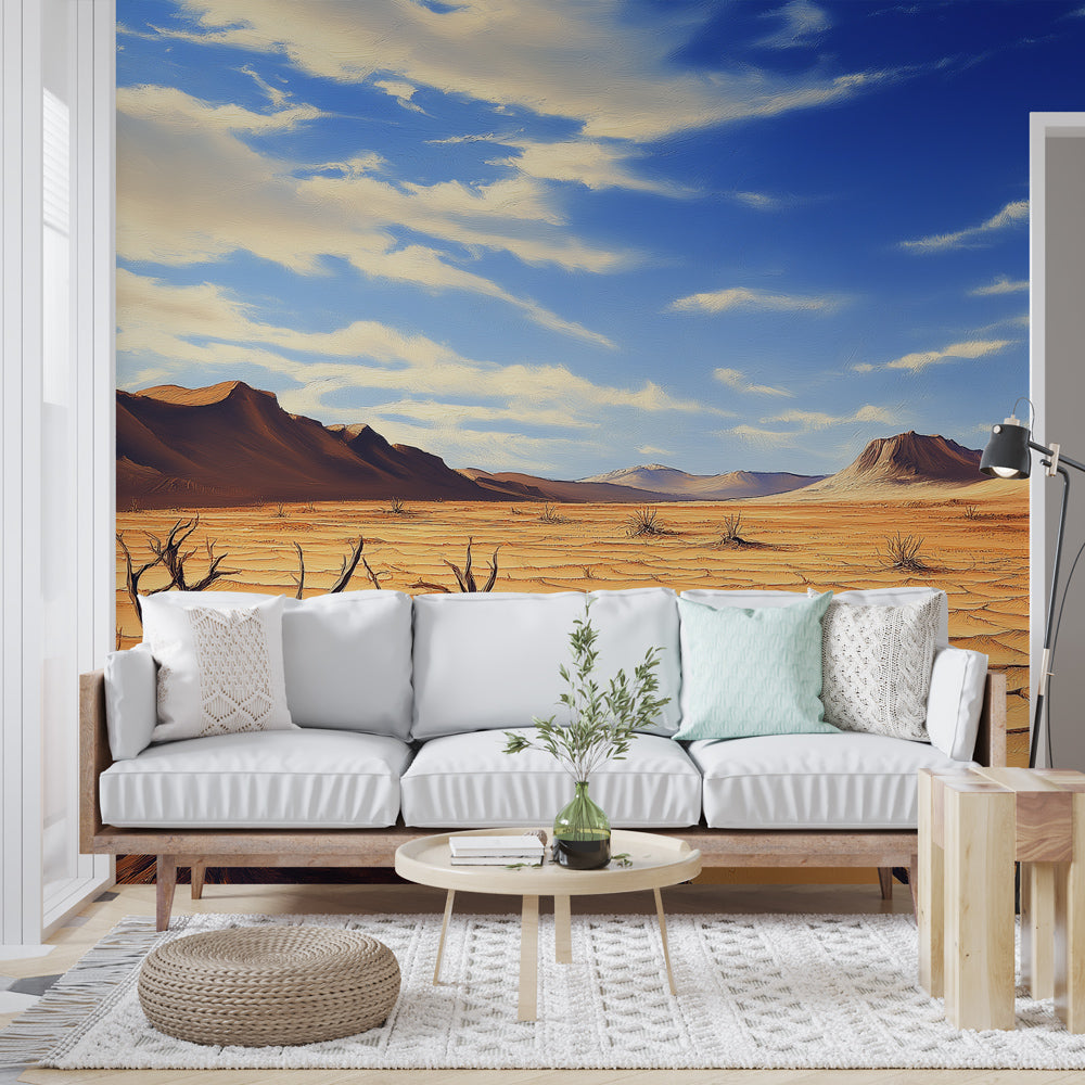 Desert landscape wallpaper creating depth in a modern living room, warm earth tones complement contemporary furniture
