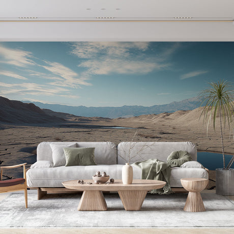 Desert landscape wallpaper with blue lakes creating depth in modern living room, natural light highlighting mountain peaks
