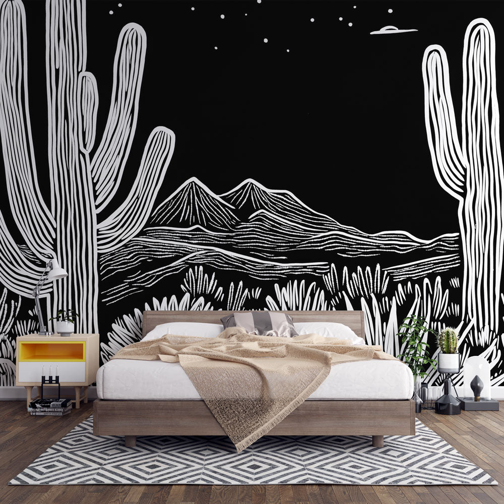 Modern Black and White Desert Mural creating dramatic impact in a minimal Scandinavian living room setting