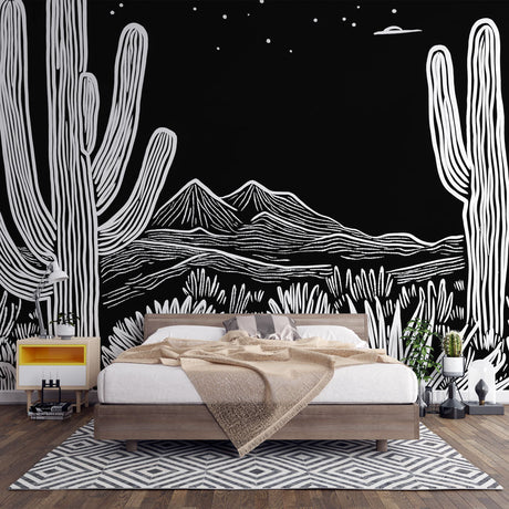 Modern Black and White Desert Mural creating dramatic impact in a minimal Scandinavian living room setting