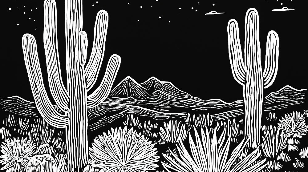 Desert Mural Wallpaper design file showing detailed black and white cactus line art pattern