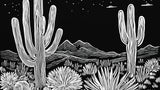 Desert Mural Wallpaper design file showing detailed black and white cactus line art pattern
