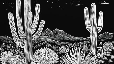 Desert Mural Wallpaper design file showing detailed black and white cactus line art pattern