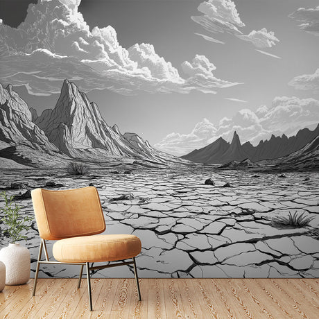 Black and white desert landscape mural wallpaper in modern minimalist living room with clean furniture and natural light
