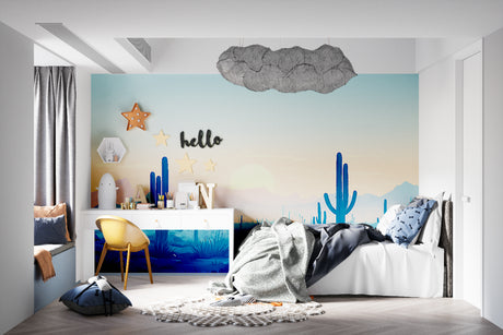 Desert landscape wallpaper creating a stunning focal point in modern living room with minimalist furniture