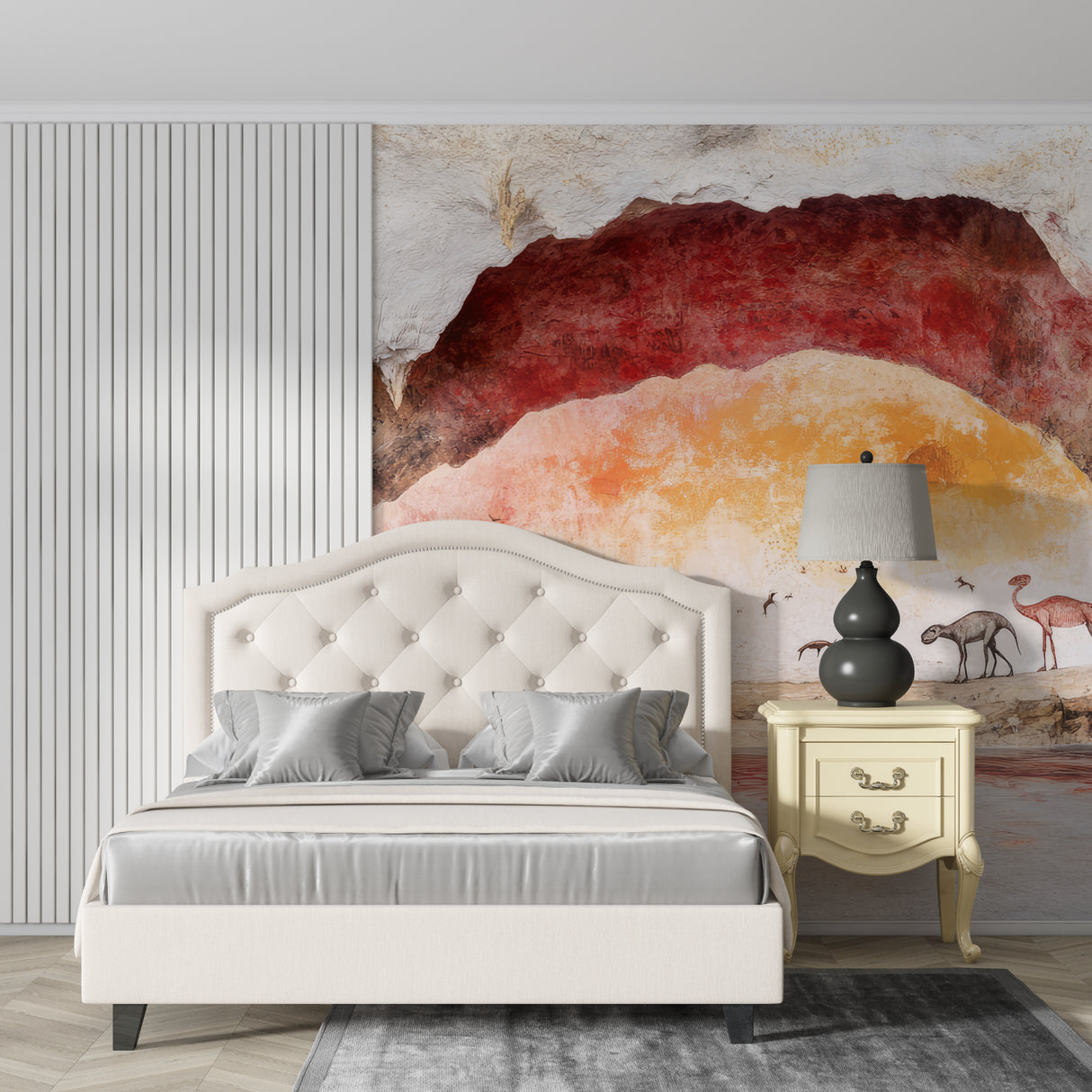 Desert cave art wallpaper in modern living room with earth-tone furniture