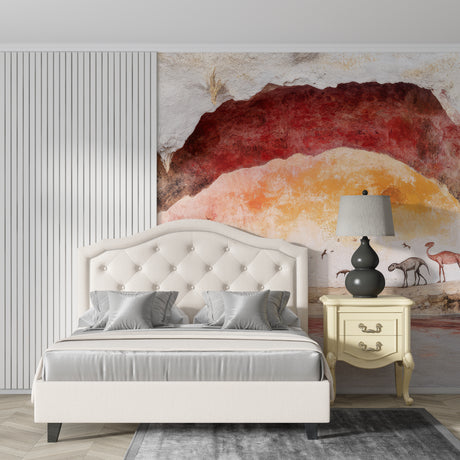 Desert cave art wallpaper in modern living room with earth-tone furniture