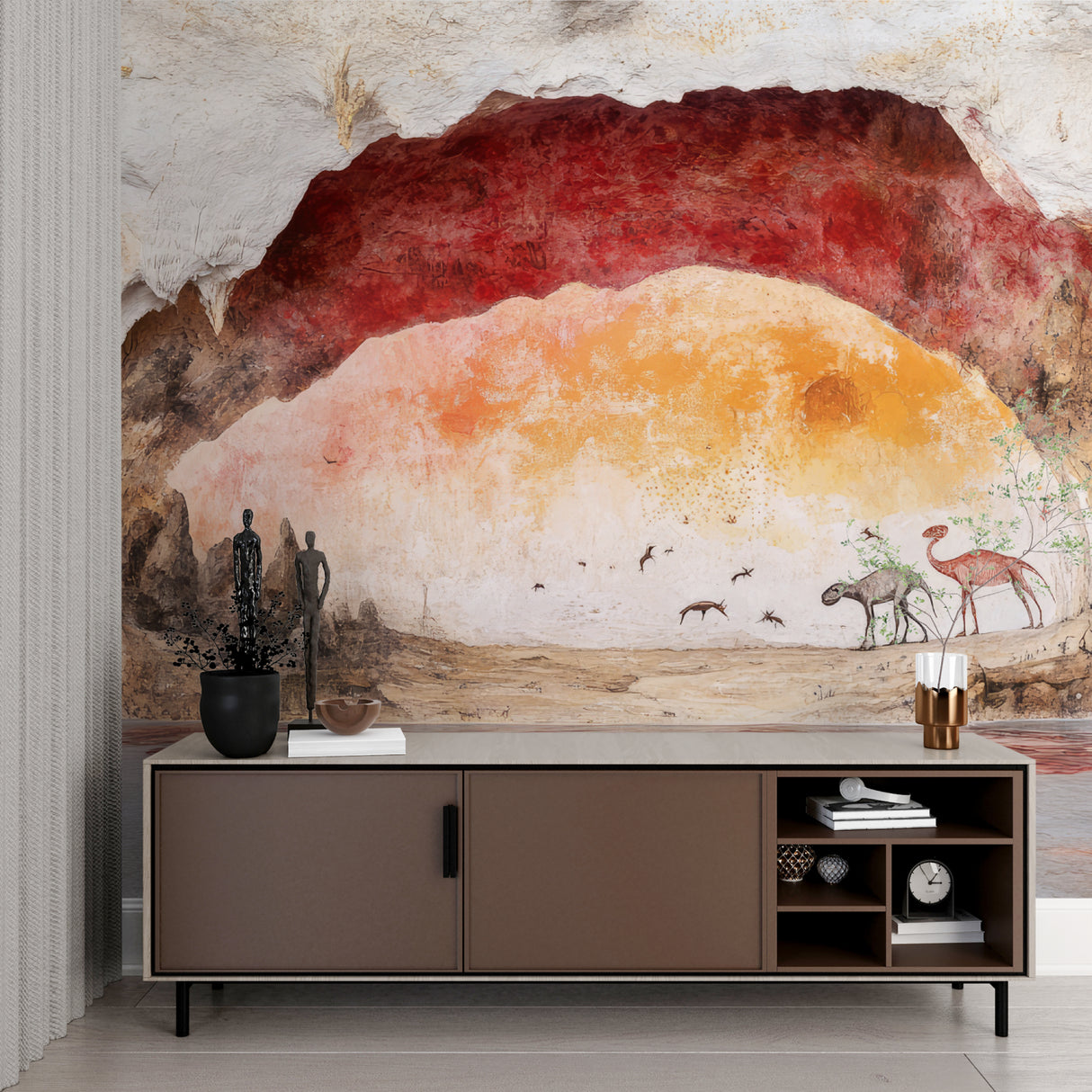 Prehistoric cave mural in home office creating warm atmosphere