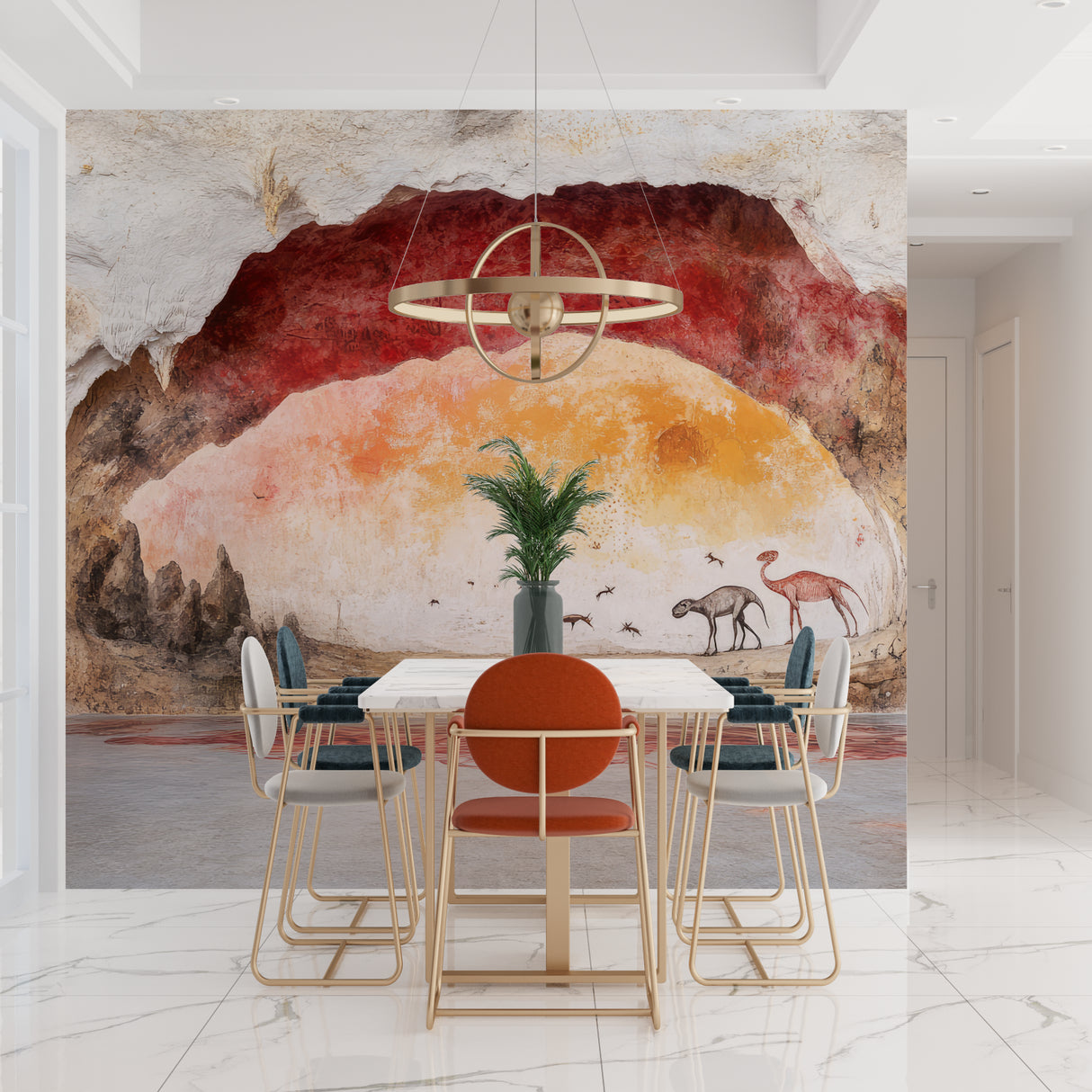 Cave art wallpaper in bedroom showing sunset colors