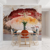 Cave art wallpaper in bedroom showing sunset colors