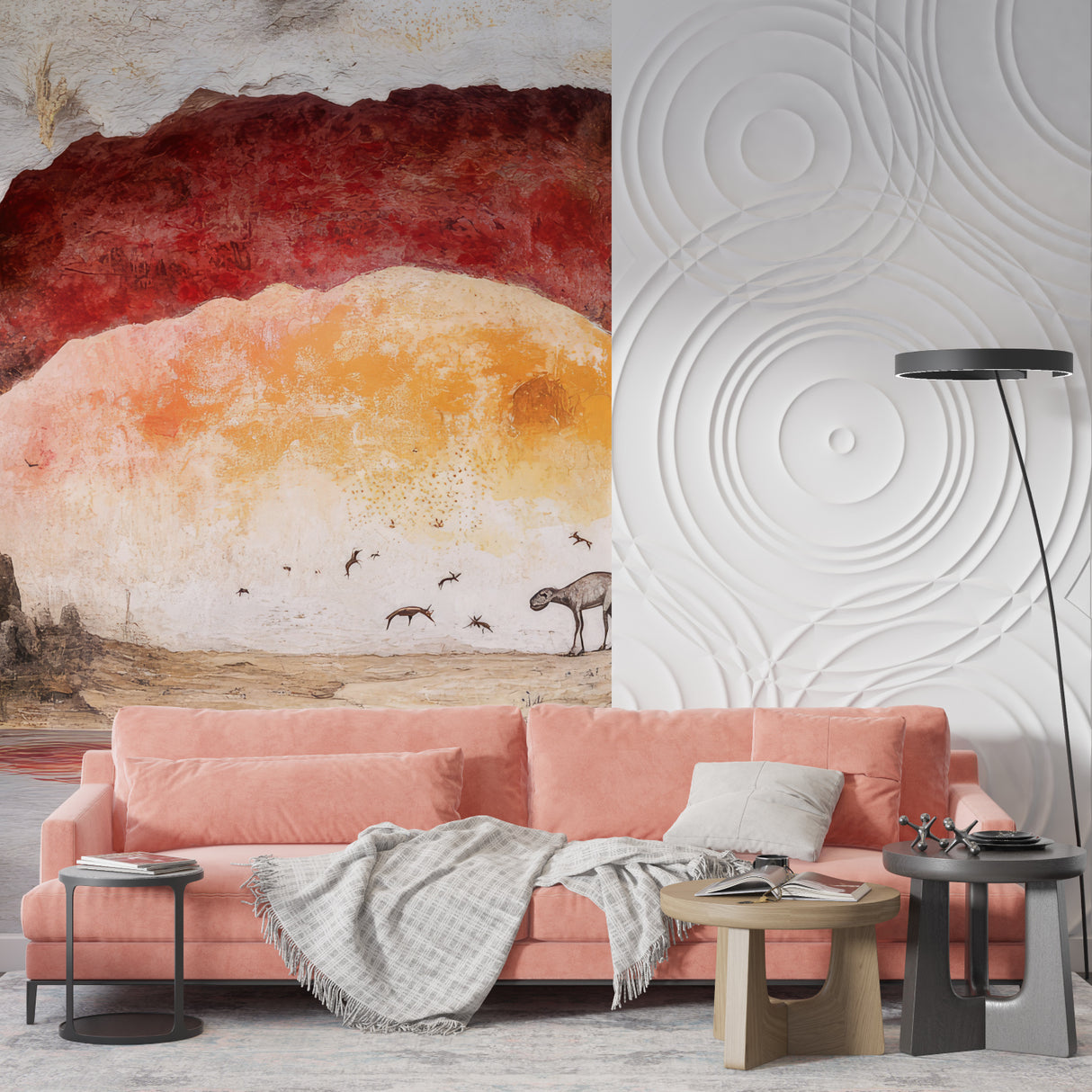 Desert cave mural in meditation room with minimal decor