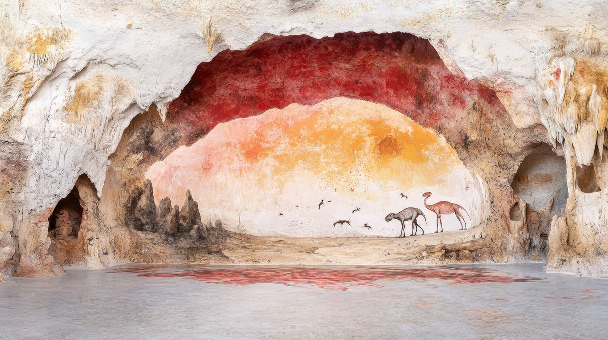 Desert cave art wallpaper design file showing full sunset pattern and prehistoric drawings