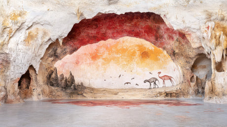 Desert cave art wallpaper design file showing full sunset pattern and prehistoric drawings