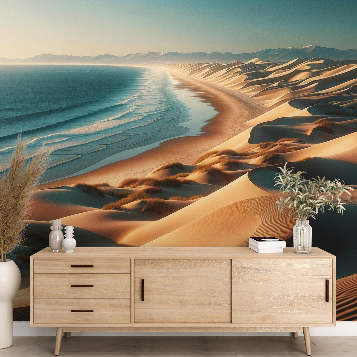 Desert dunes wallpaper mural in modern minimal living room, showing scale and impact of panoramic coastal design