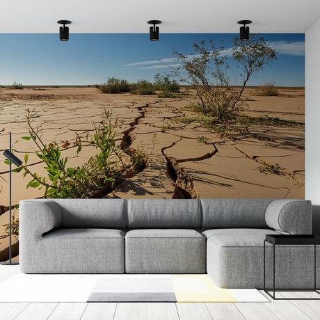 Desert landscape wallpaper creating a stunning focal point in a modern living room with earth tones and natural light