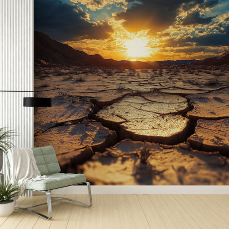 Desert sunset wallpaper mural creating warm ambiance in modern living room with minimal furniture