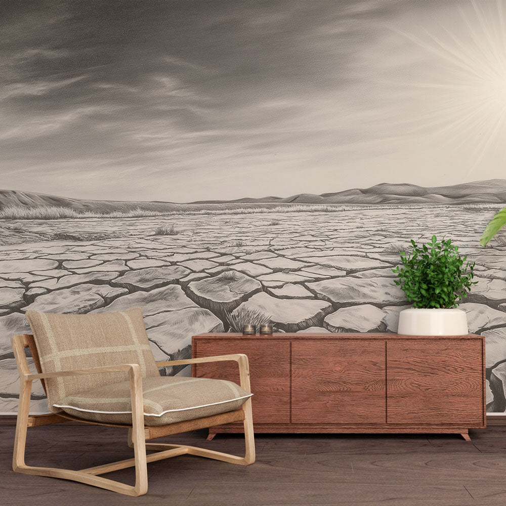 Desert landscape wallpaper in modern minimalist living room, showing cracked earth pattern in striking black and white