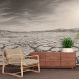 Desert landscape wallpaper in modern minimalist living room, showing cracked earth pattern in striking black and white