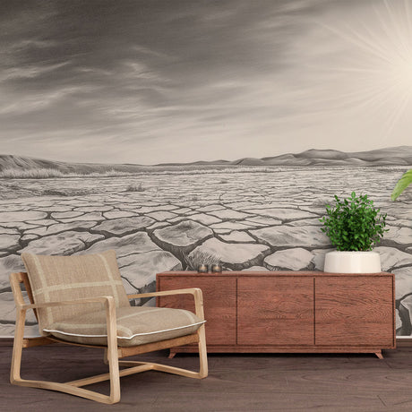Desert landscape wallpaper in modern minimalist living room, showing cracked earth pattern in striking black and white