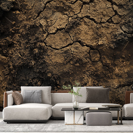 Desert texture wallpaper bringing natural warmth to a modern living room with earth-toned furniture and minimal decor