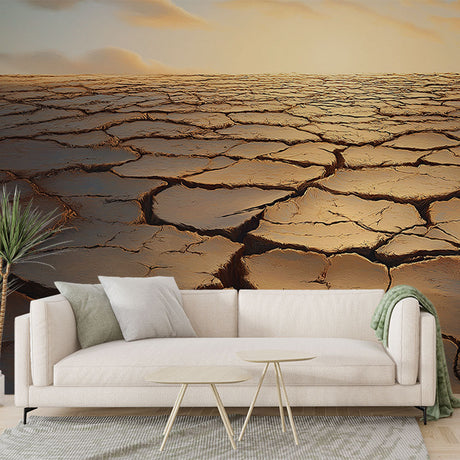 Desert landscape wallpaper creating depth in a modern living room, warm sunset tones complement minimal furniture