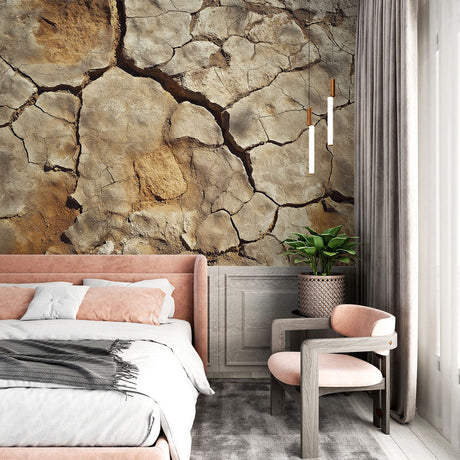 Desert texture wallpaper creating dramatic impact in modern living room with minimal furniture and natural light