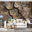 Desert texture wallpaper creating dramatic impact in modern living room with minimal furniture and natural light