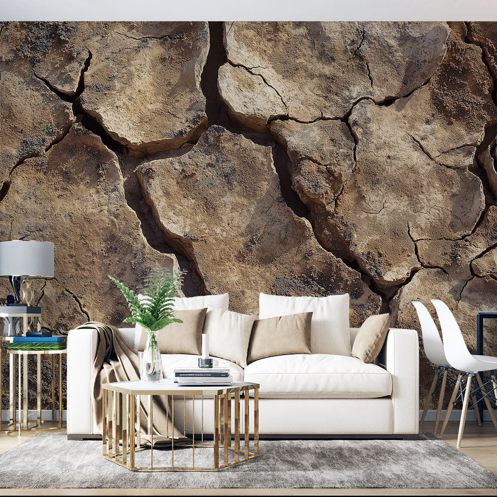 Desert texture wallpaper creating dramatic impact in modern living room with minimal furniture and natural light