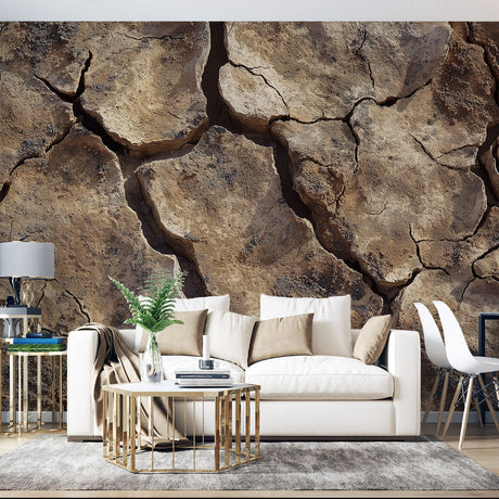 Desert texture wallpaper creating dramatic impact in modern living room with minimal furniture and natural light