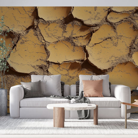 Desert landscape wallpaper with cracked earth pattern creating depth in modern living room with minimal furniture