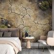 Desert landscape wallpaper creating a striking feature wall in a modern living room with natural light and minimal furniture