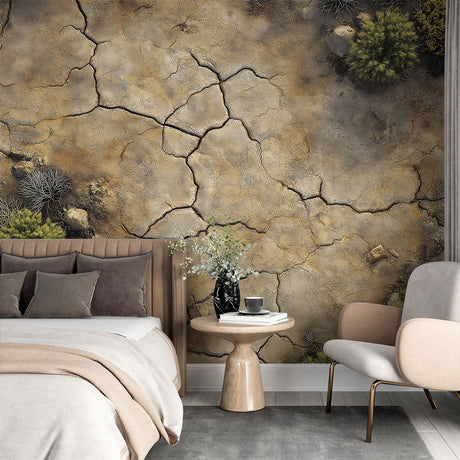 Desert landscape wallpaper creating a striking feature wall in a modern living room with natural light and minimal furniture