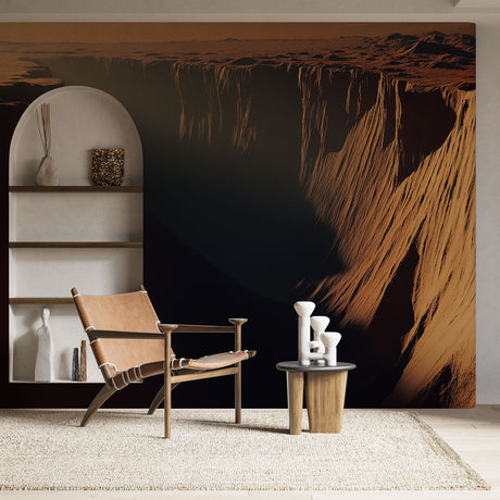 Desert canyon wallpaper mural styled in modern living room, showing dramatic cliff formations in warm sunset colors