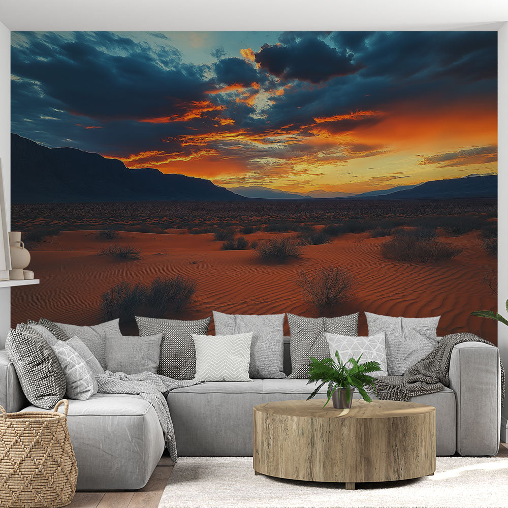 Desert landscape wallpaper mural in modern living room, showcasing warm sunset colors and sand dunes