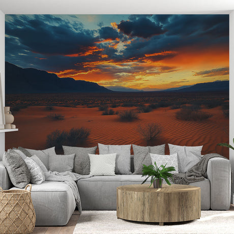 Desert landscape wallpaper mural in modern living room, showcasing warm sunset colors and sand dunes