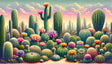 Desert cactus wallpaper mural styled in a modern living room with natural light highlighting the sunset colors