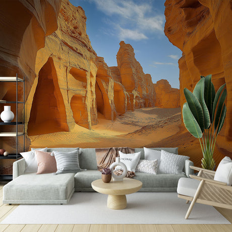 Desert Canyon Wallpaper showcased in a modern living room with minimalist furniture and natural light highlighting the golden tones