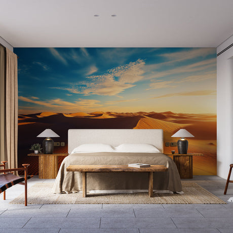 Desert landscape wallpaper creating depth in modern living room, golden sand dunes catching sunset light