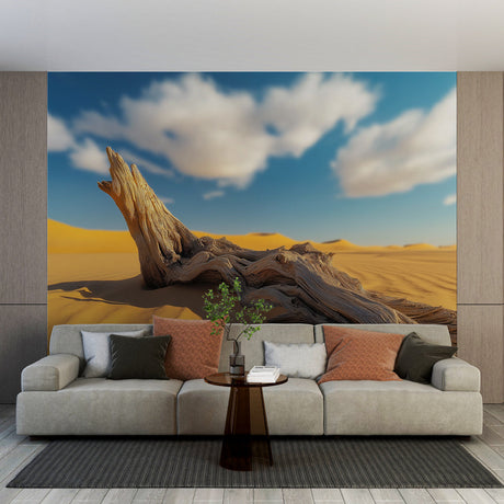 Desert landscape wallpaper creating a serene atmosphere in a modern living room, golden dunes and driftwood mural brightening the space
