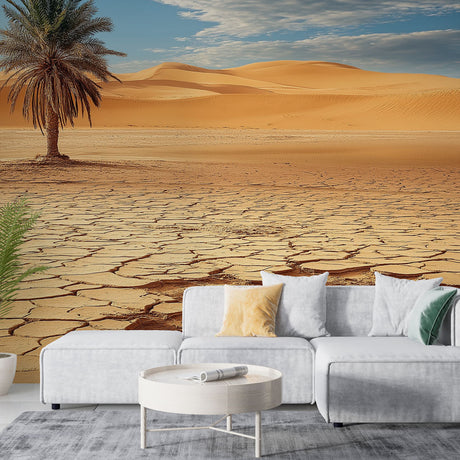 Desert mural wallpaper showcased in a modern living room, golden dunes and palm tree creating a calming atmosphere