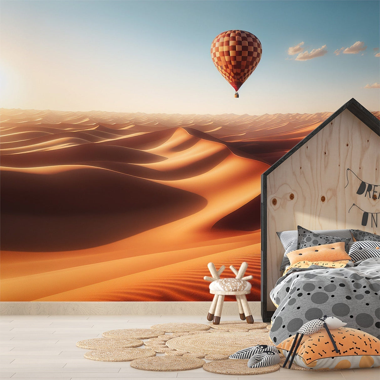 Desert Hot Air Balloon wallpaper creating a stunning focal point in a modern living room with earth-toned furniture