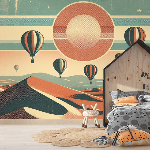 Desert Hot Air Balloon Mural Wallpaper creating a dreamy atmosphere in a modern living room with soft sunset lighting