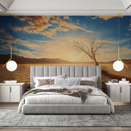 Desert landscape wallpaper creating a stunning focal point in a modern living room, golden sunset tones warming the space