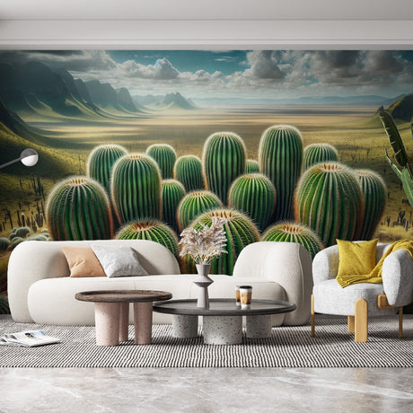 Desert landscape wallpaper creating a stunning focal point in a modern living room with natural light and desert decor accents