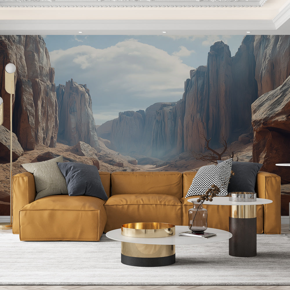 Desert canyon wallpaper creates dramatic impact in modern living room with natural light and minimal furniture