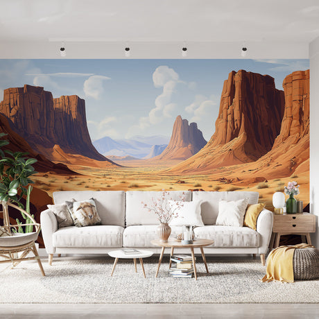 Desert canyon wallpaper creating depth in a modern living room, natural light highlighting the warm sandstone colors