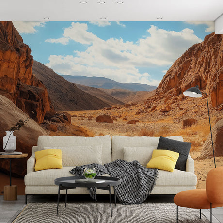 Desert Canyon Wallpaper displayed in modern living room, showing warm earth tones and dramatic landscape vista
