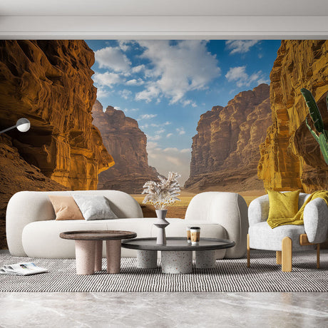 Desert canyon wallpaper creating depth in modern living room, warm earth tones complement contemporary furniture