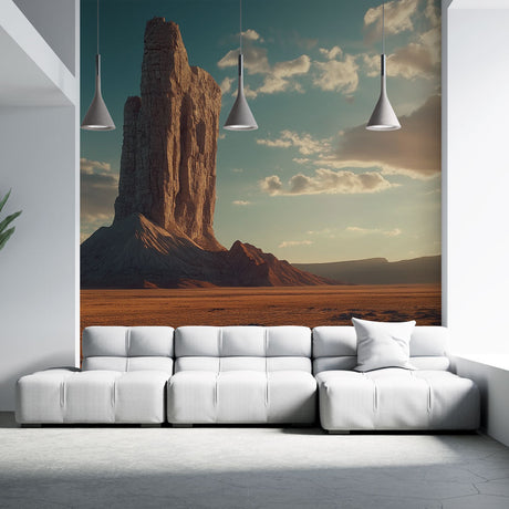 Desert landscape wallpaper creating depth in modern living room with minimal furniture and natural light