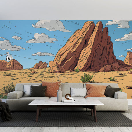 Desert landscape wallpaper creating depth in modern living room, sandstone formations and cacti add natural warmth